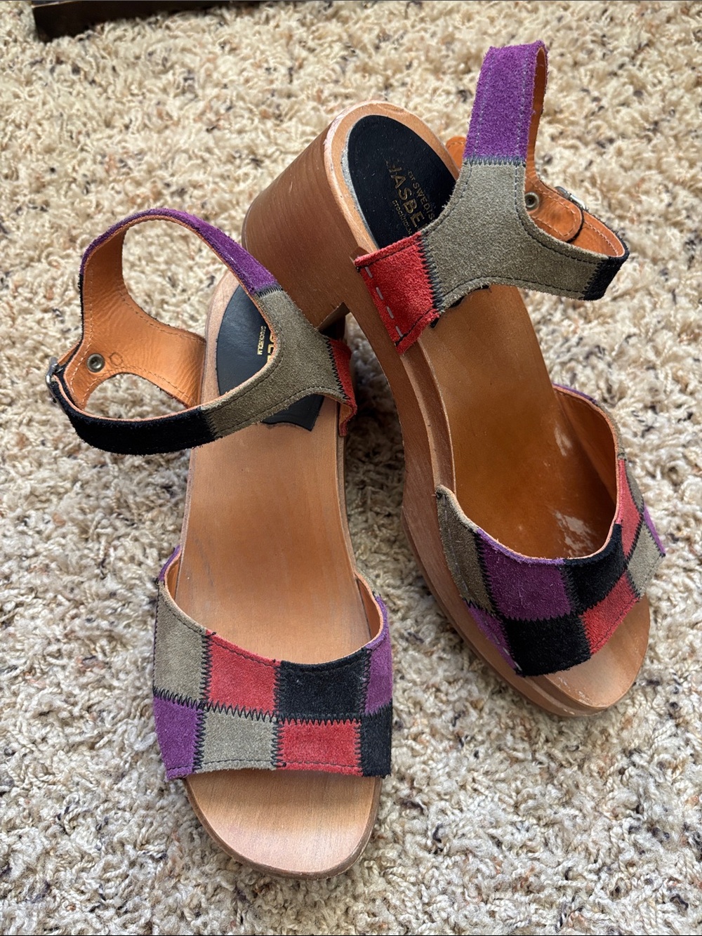 Swedish Hasbeens Multicolor Patchwork Suede Platform Sandals